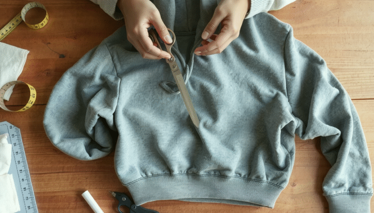 Hands cutting hoodie neckline with scissors following step-by-step guide for custom look