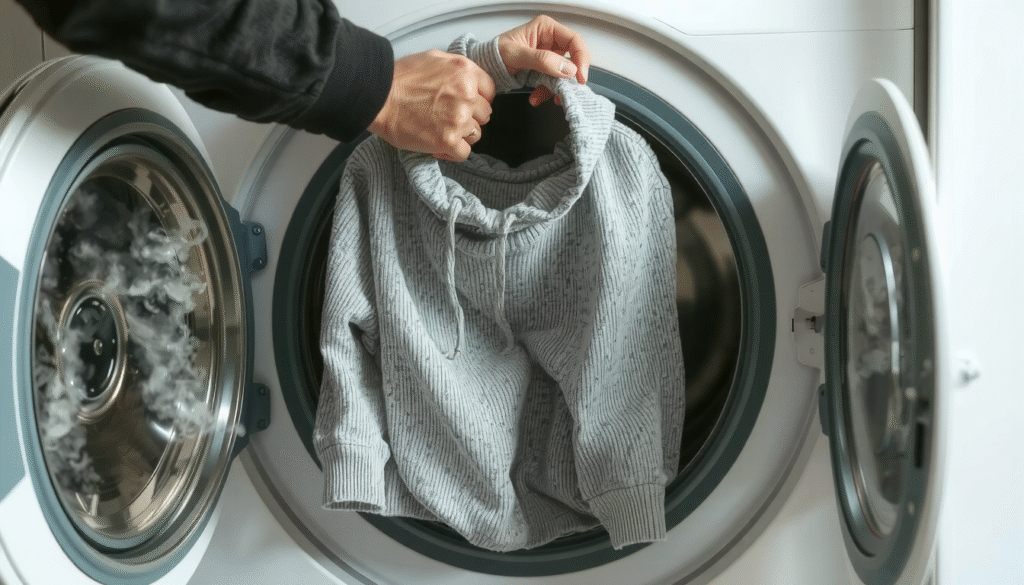 Person following step-by-step guide on how to shrink hoodie using washing machine method