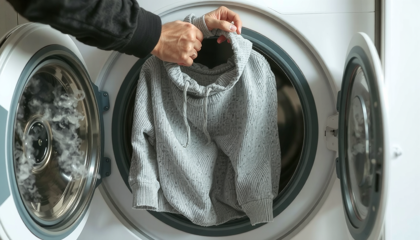 Person following step-by-step guide on how to shrink hoodie using washing machine method