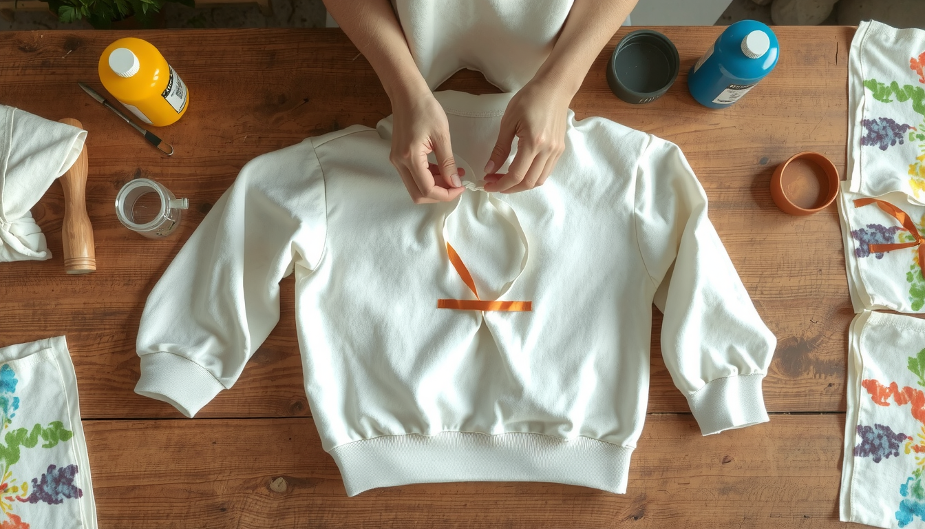 Person demonstrating how to tie dye a hoodie with colorful dye bottles and rubber bands