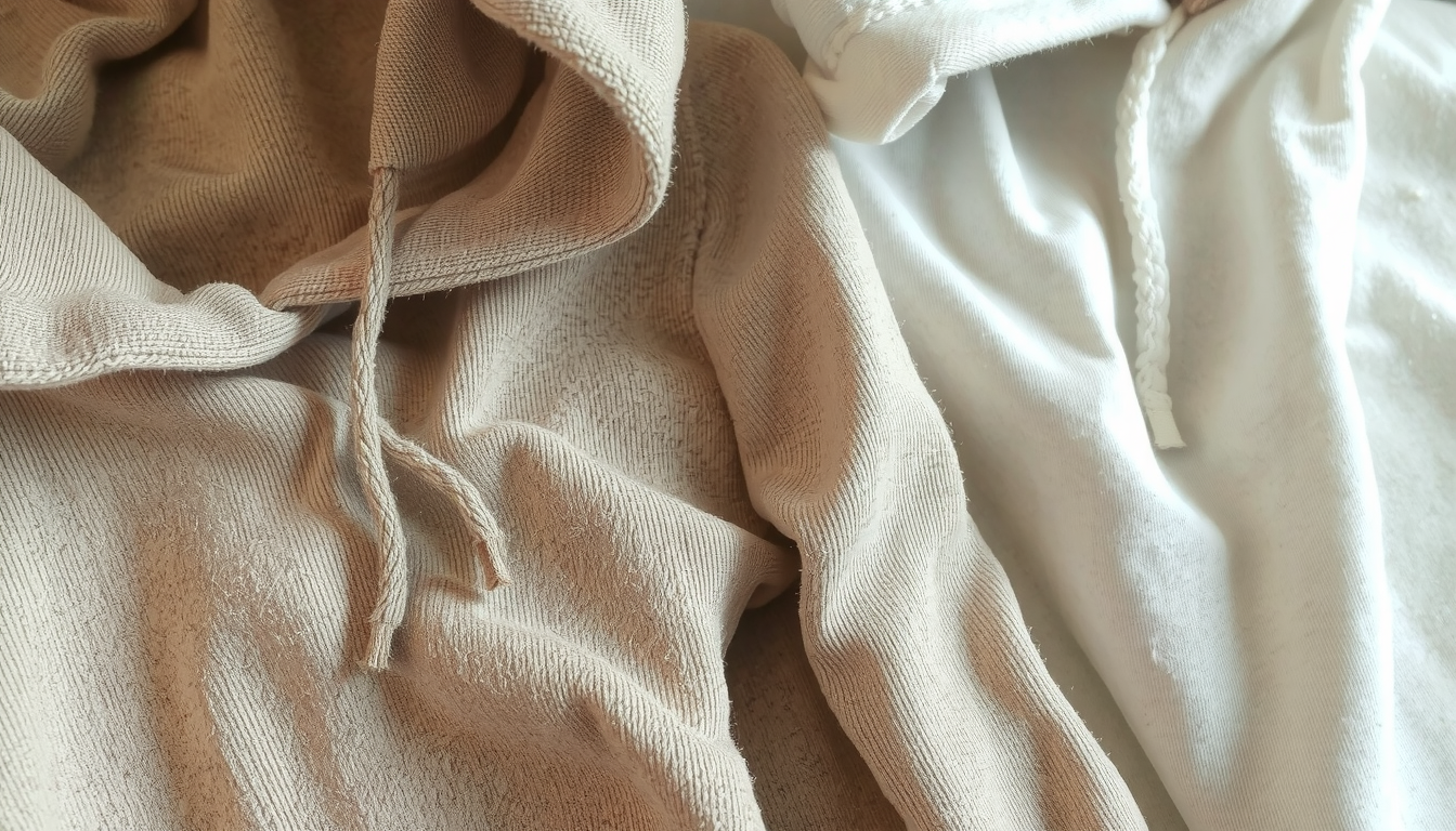 Person selecting cotton hoodie fabric before cutting neckline for DIY modification project