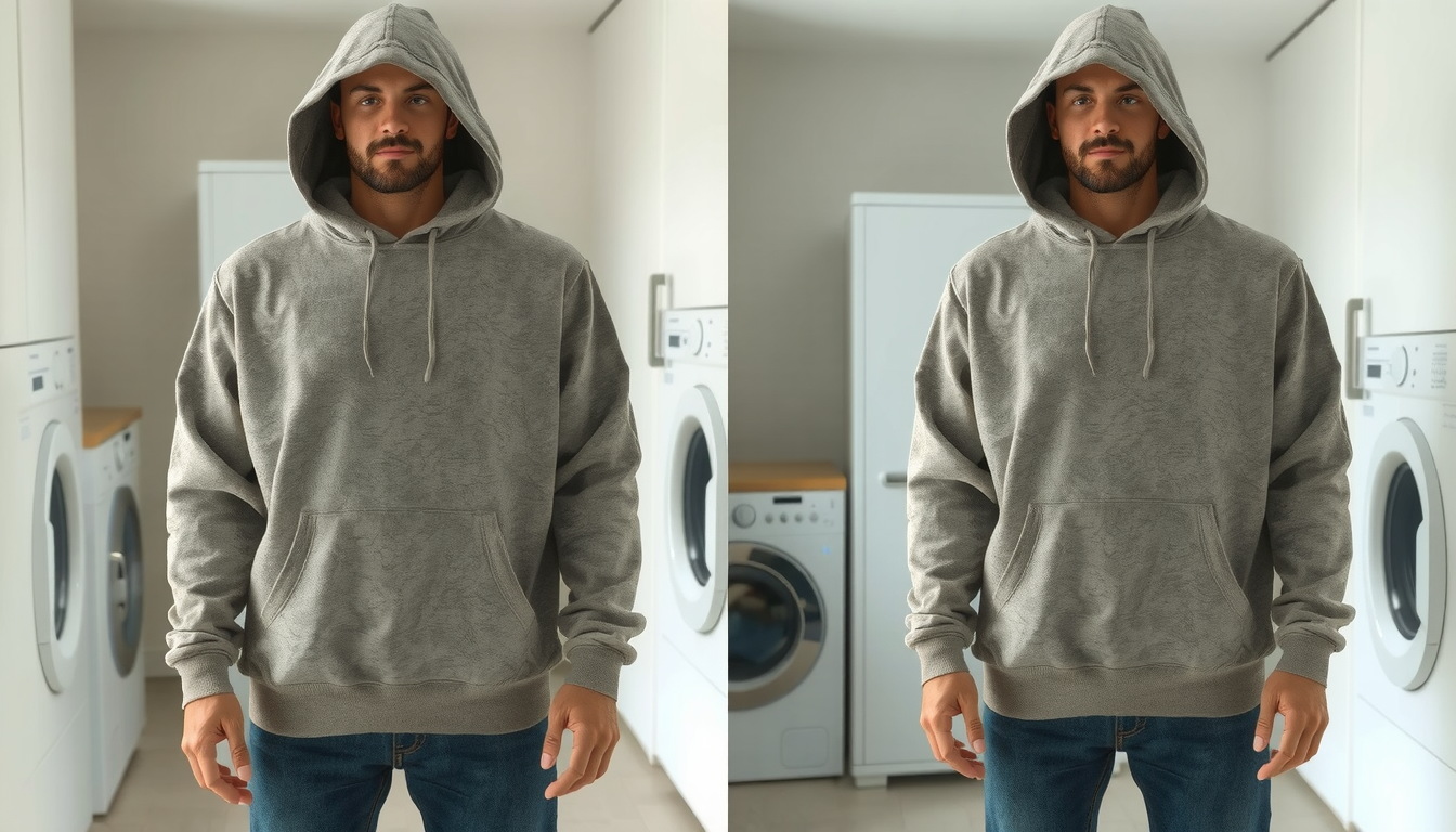 Person demonstrating how to shrink hoodie from baggy to perfectly oversized fit