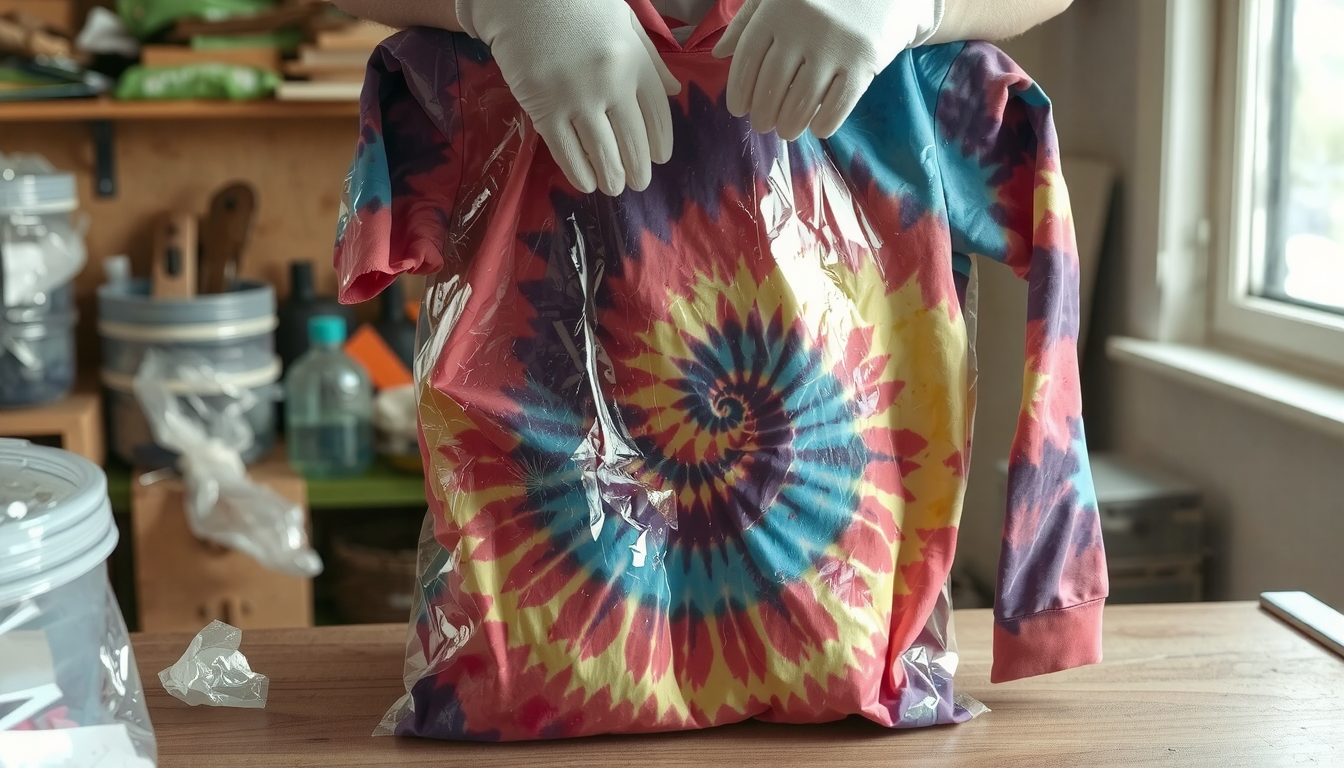 Dye-saturated hoodie wrapped in plastic bag during tie dye process to maintain moisture
