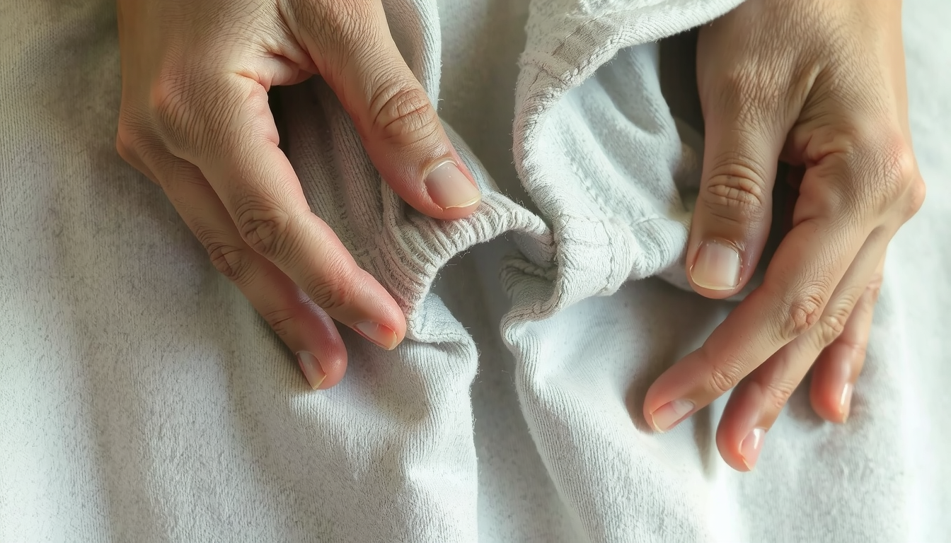 Person demonstrating how to cut hoodie neck with rolled edge technique on cotton fleece material