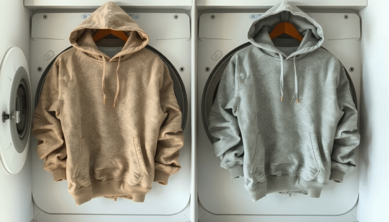 Person demonstrating how to shrink a hoodie using washing machine and dryer method safely