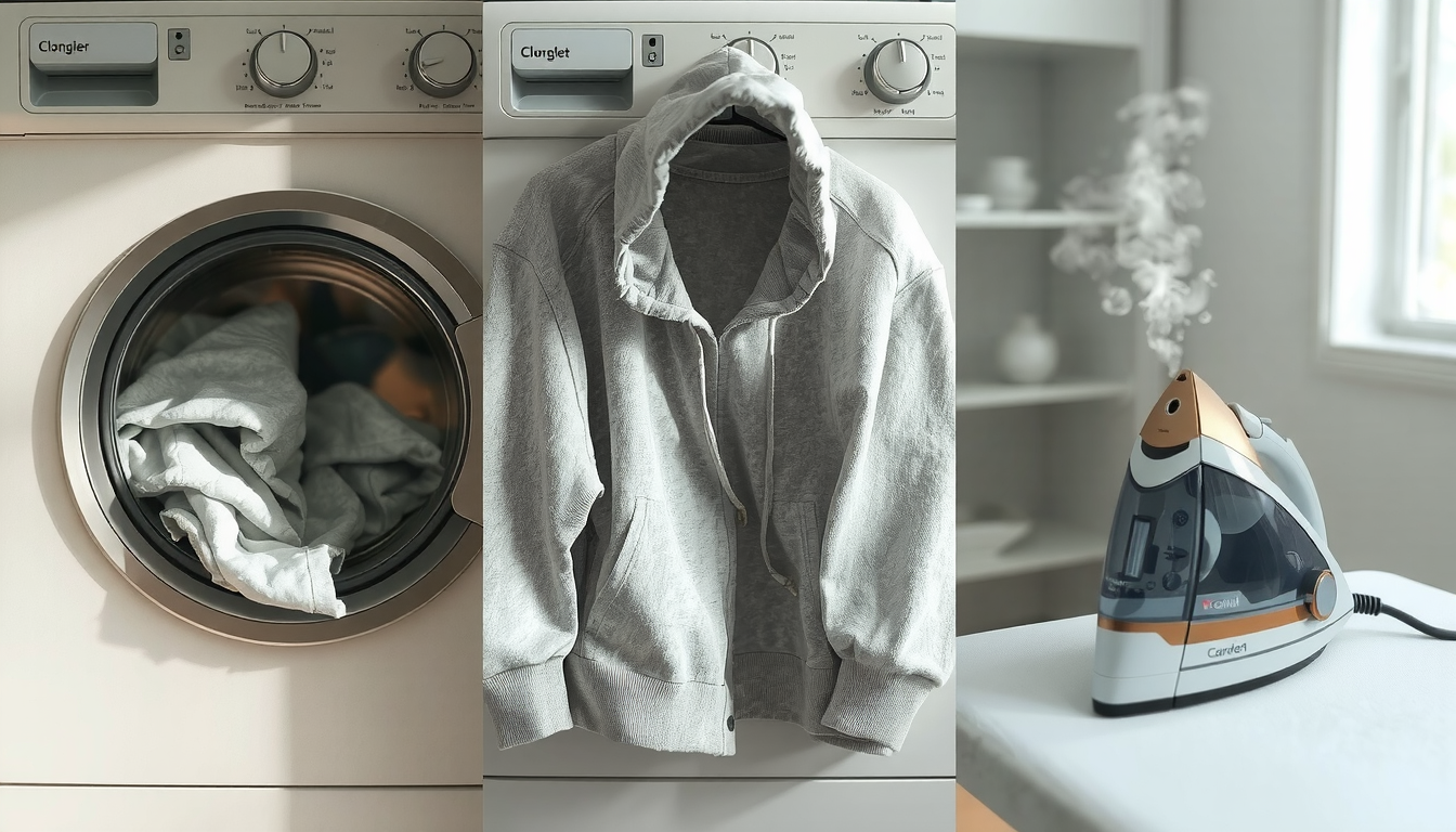 Person demonstrating hoodie shrinking techniques using washing machine and dryer methods