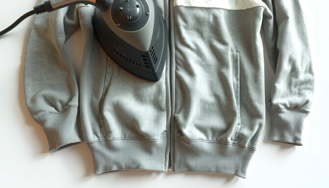 Person using steam iron to shrink hoodie cuffs and bottom band safely