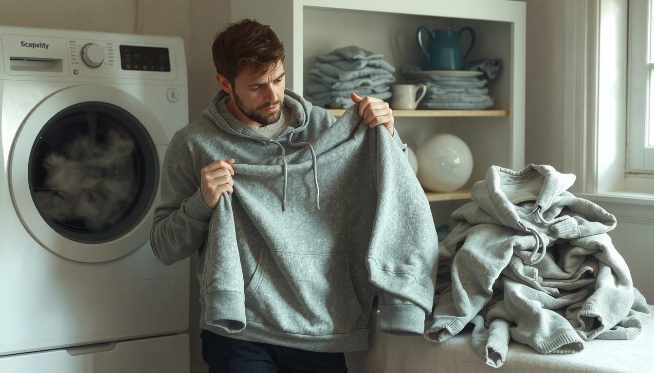 Person troubleshooting common problems while learning how to shrink a hoodie properly