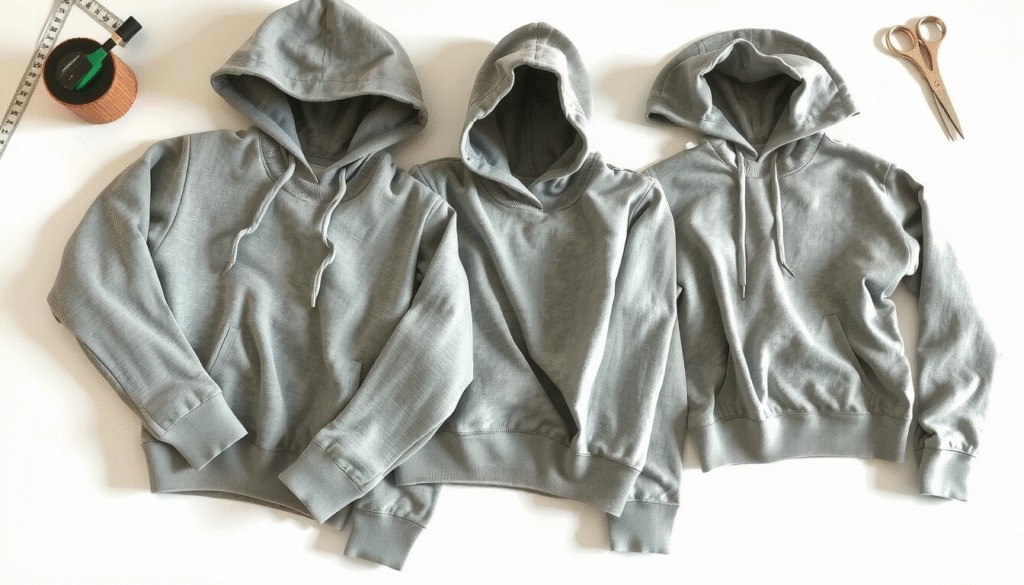 Hands cutting hoodie neckline with scissors showing how to modify sweatshirt collar style