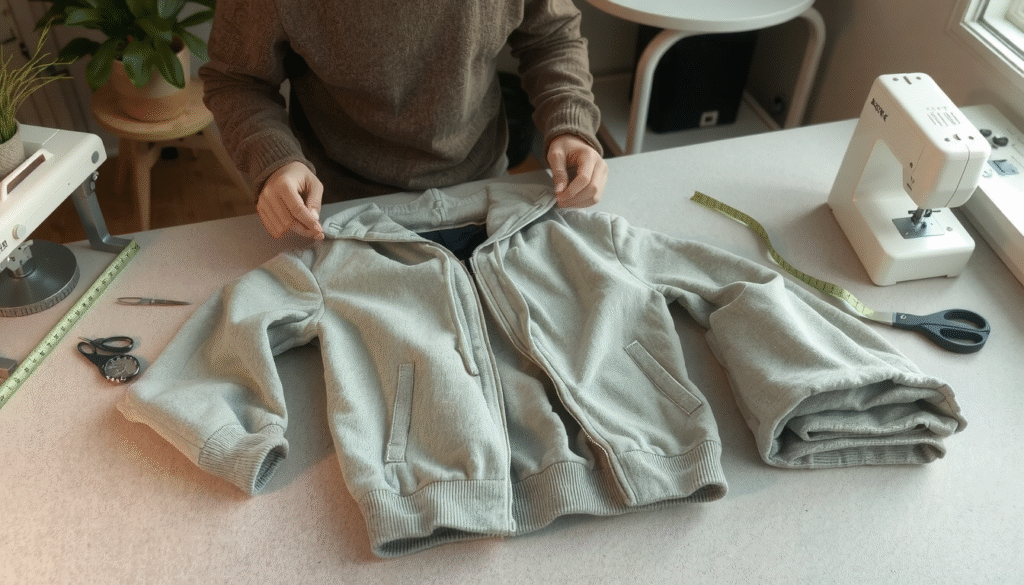 Person measuring hoodie sleeves and waist, demonstrating how to make hoodie smaller at home