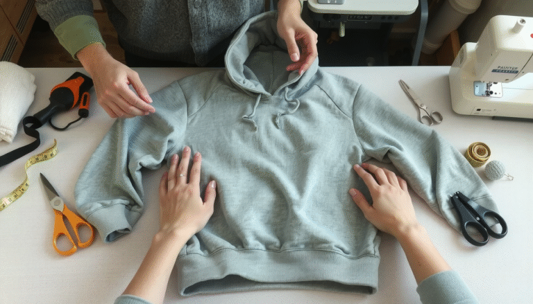 Person adjusting hoodie sleeves using scissors and sewing tools to fix length