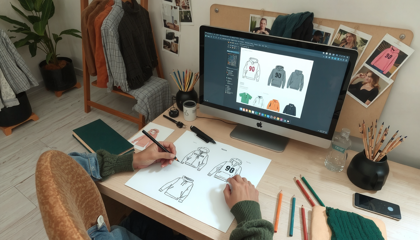 Person sketching custom hoodie design ideas on paper with digital design tools nearby