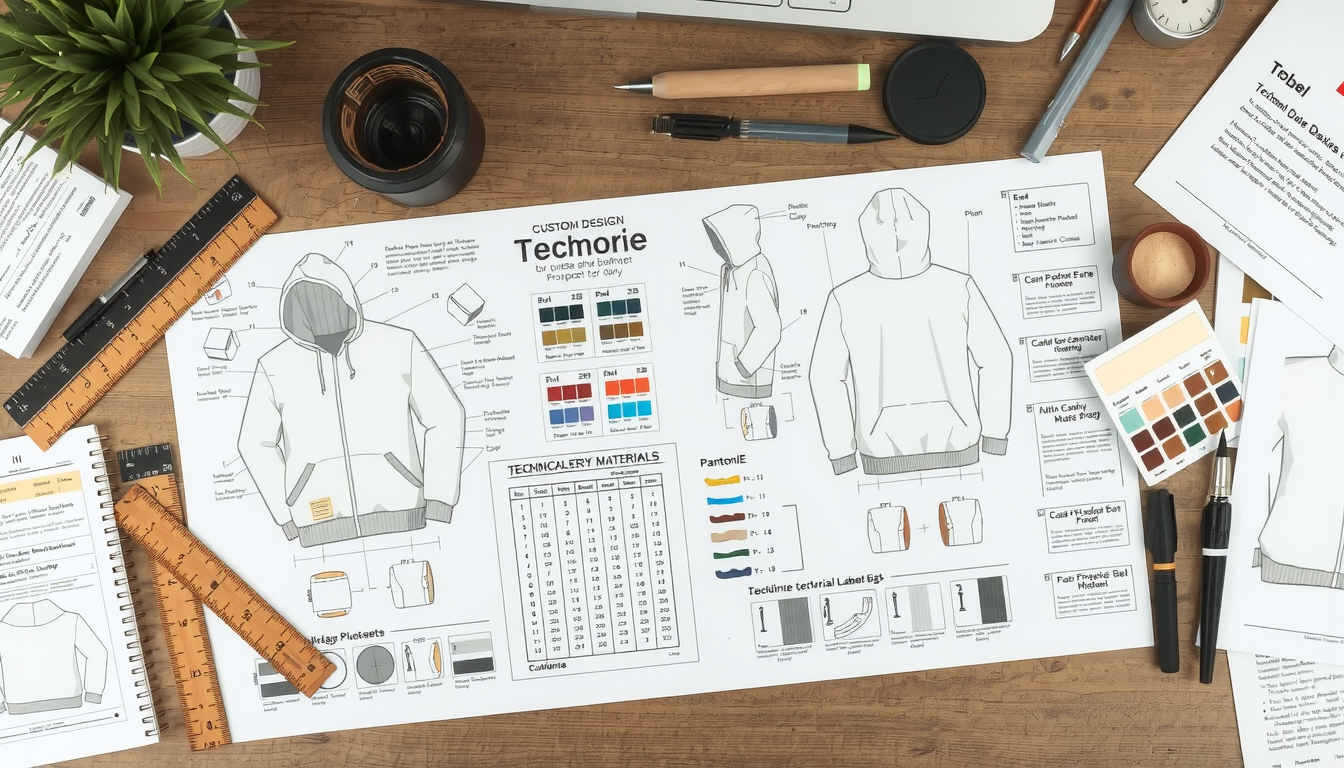 Technical flat sketches showing front, back, and side views for custom hoodie design process