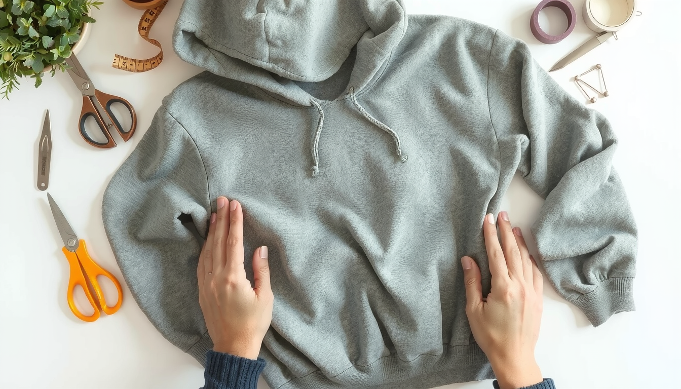 Person preparing hoodie fabric before fixing long sleeves with cleaning and setup tools