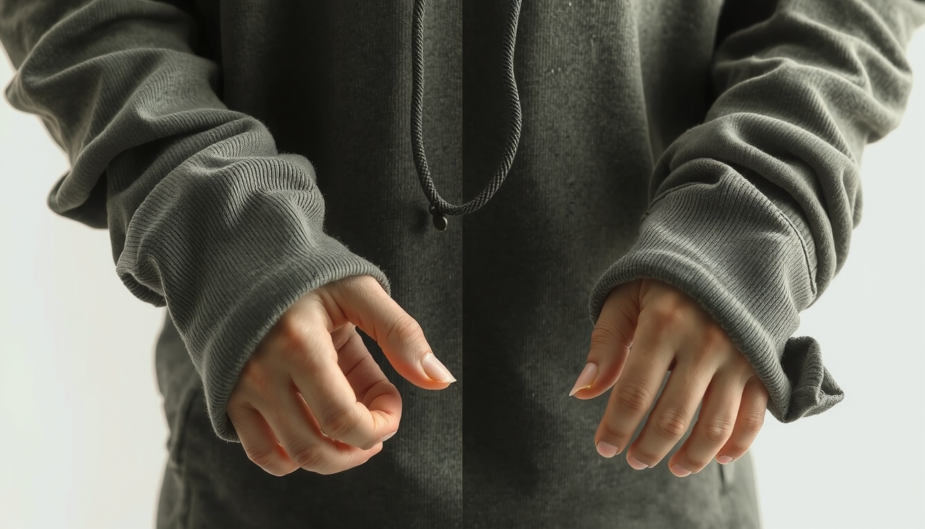 Person demonstrating cuff rolling technique to fix long sleeves on hoodie