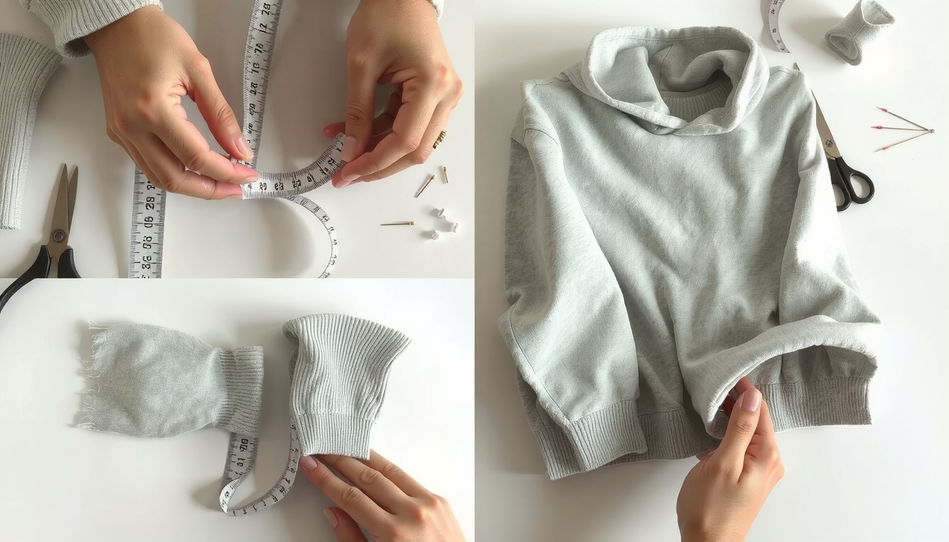 Person using seam ripper to detach cuff from hoodie sleeve during alteration process
