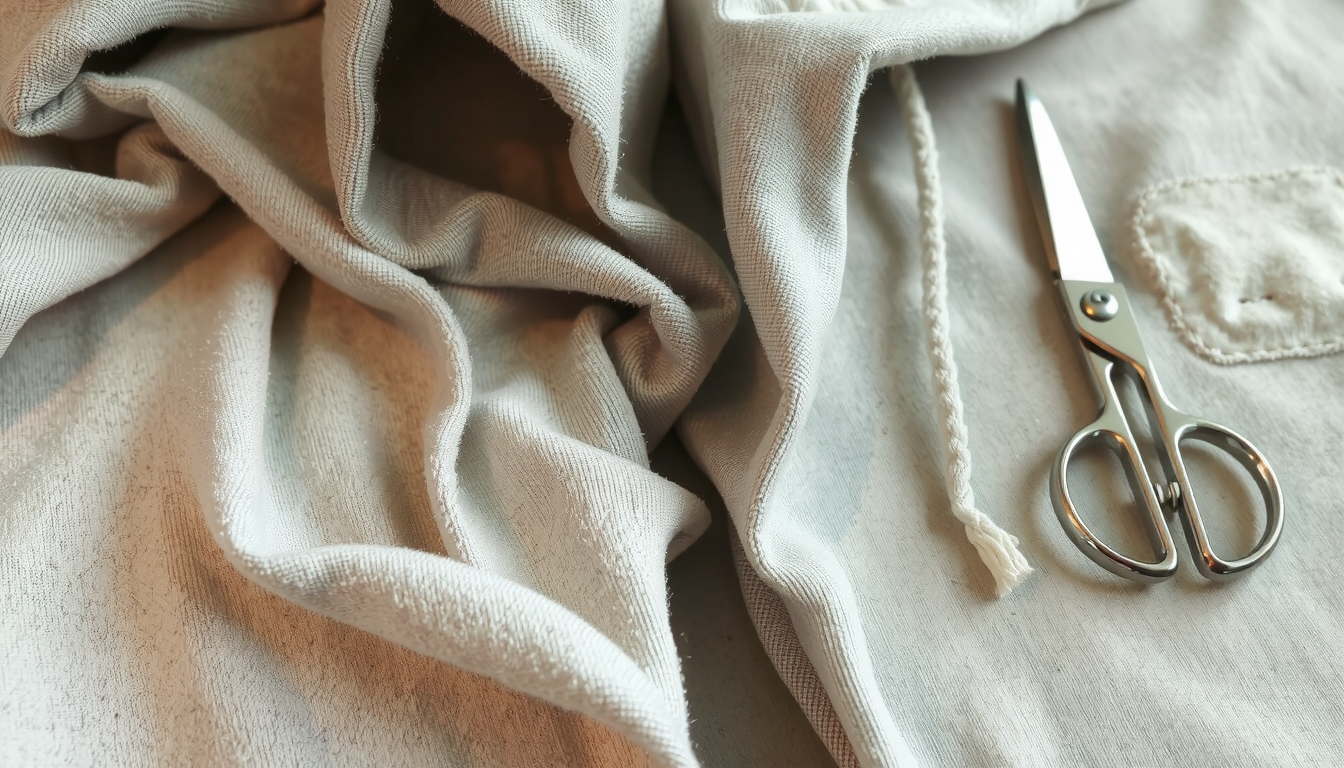 Hands cutting cotton fleece hoodie neckline with scissors showing proper fabric cutting technique