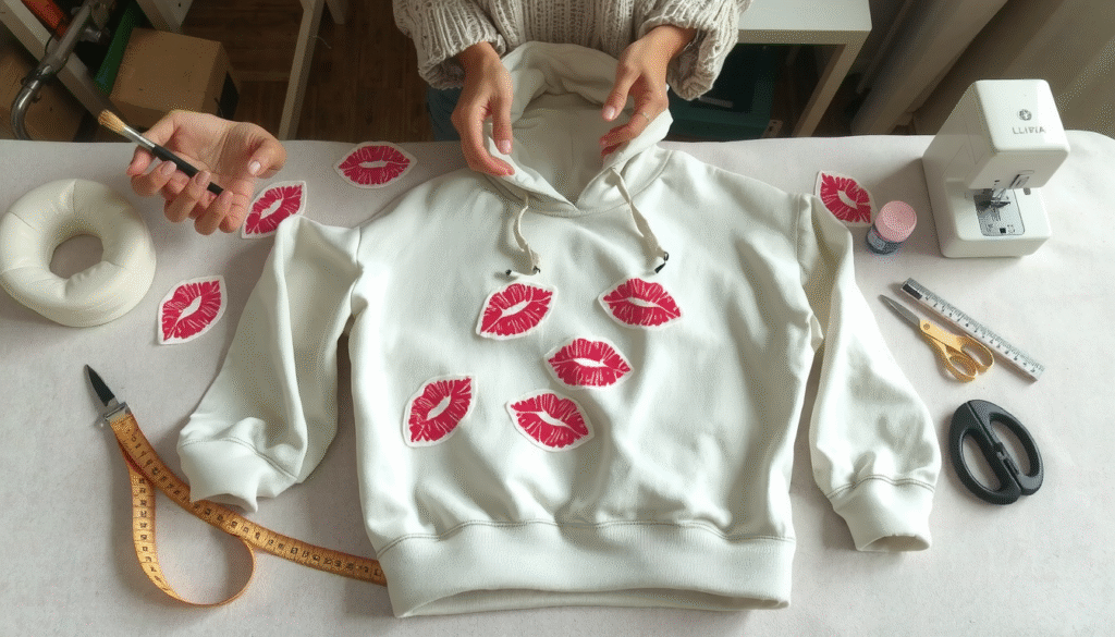 DIY steps showing how to make the kisses hoodie with fabric paint and heart stencils
