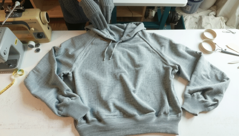 Manufacturer measuring and cutting hood seam on hoodie, showing how to cut a hood off a hoodie