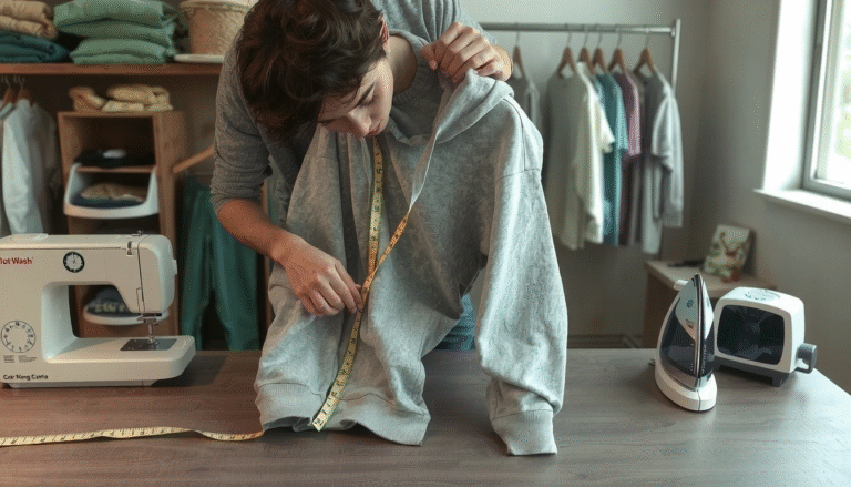 Hands measuring hoodie sleeves before shrinking, demonstrating how to make hoodies smaller at home