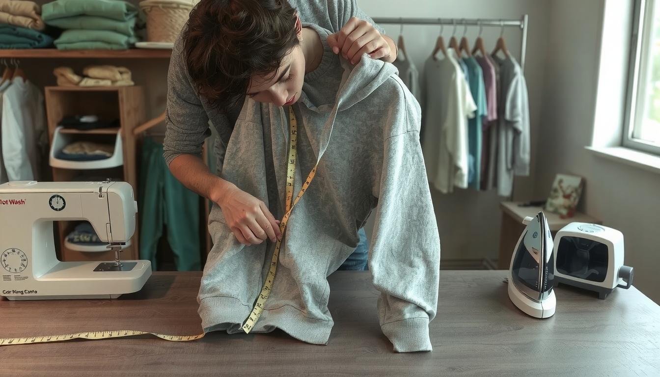 Hands measuring hoodie sleeves before shrinking, demonstrating how to make hoodies smaller at home