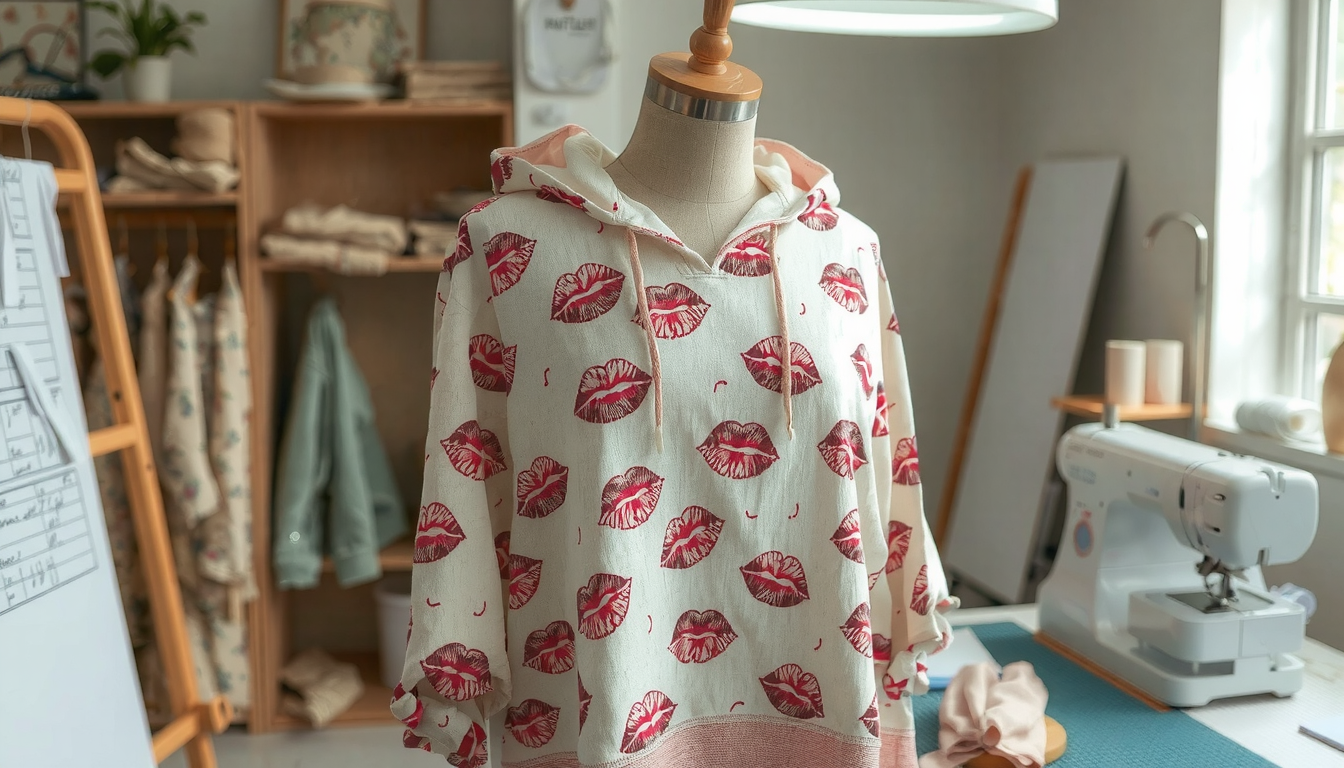 Tutorial steps for how to make a kisses hoodie with embroidered kiss patterns and fabric tools