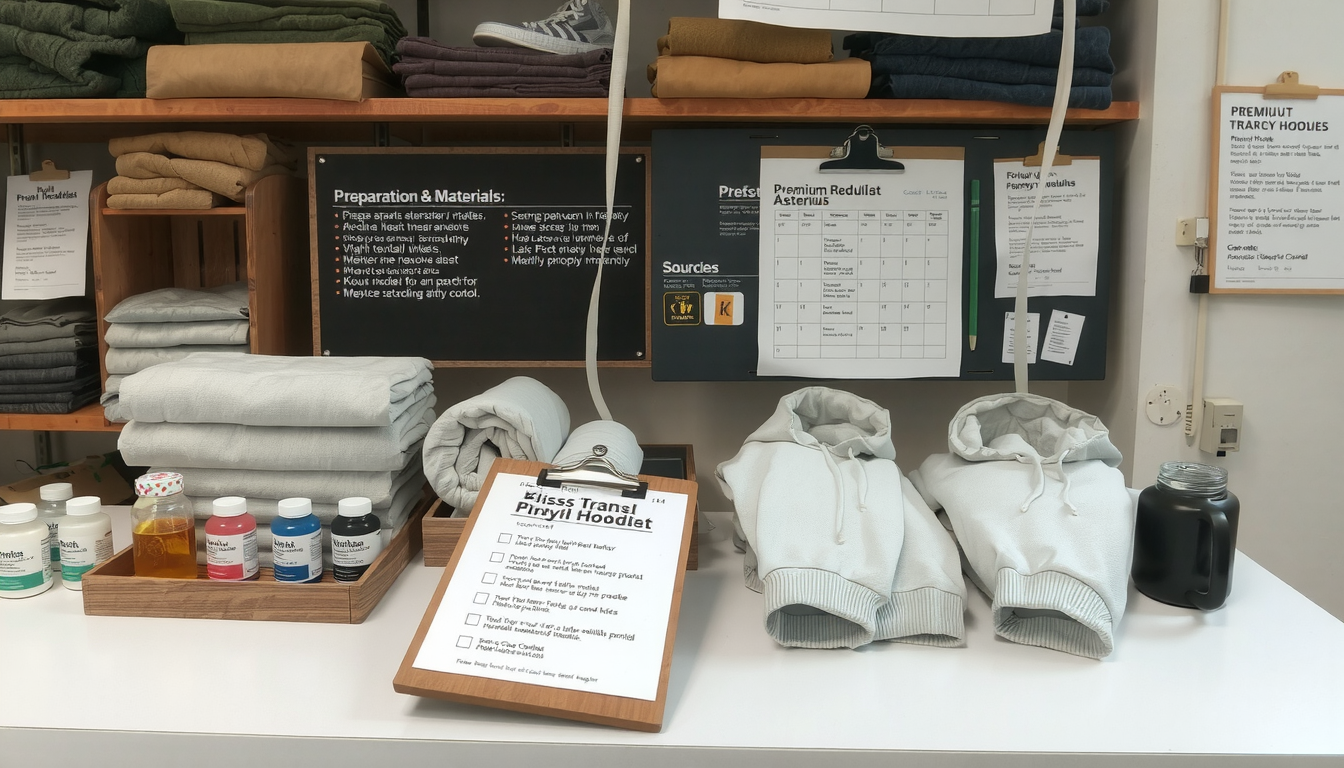 Materials and fabric swatches laid out for how to make a kiss hoodie preparation phase