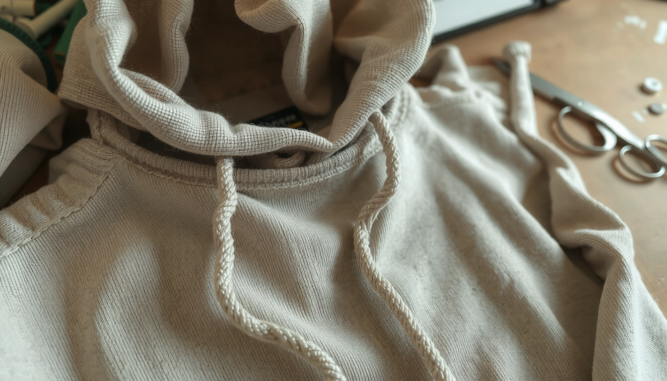 Demonstrating how to cut a hood off a hoodie for rolled, vintage edge finish