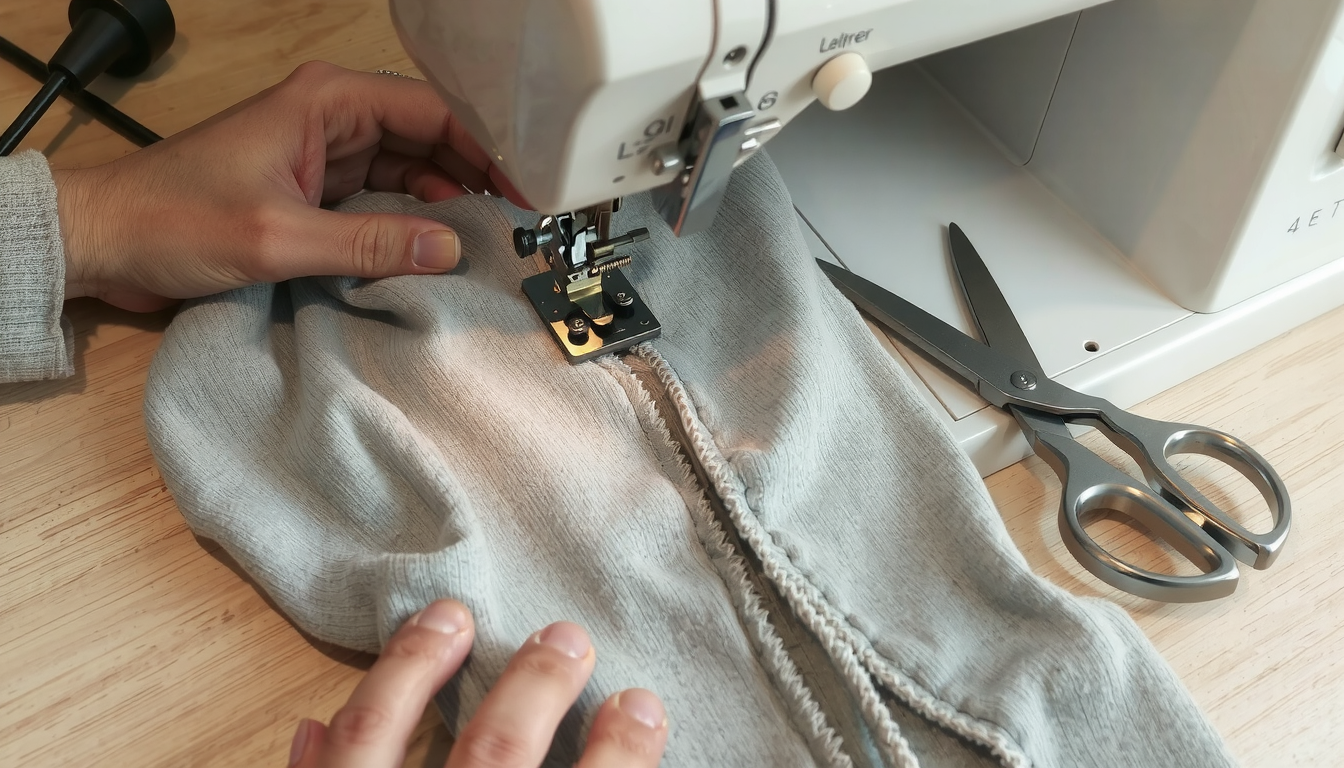 Sewing hoodie side seams with zigzag stitch, key step in how to make hoodies smaller