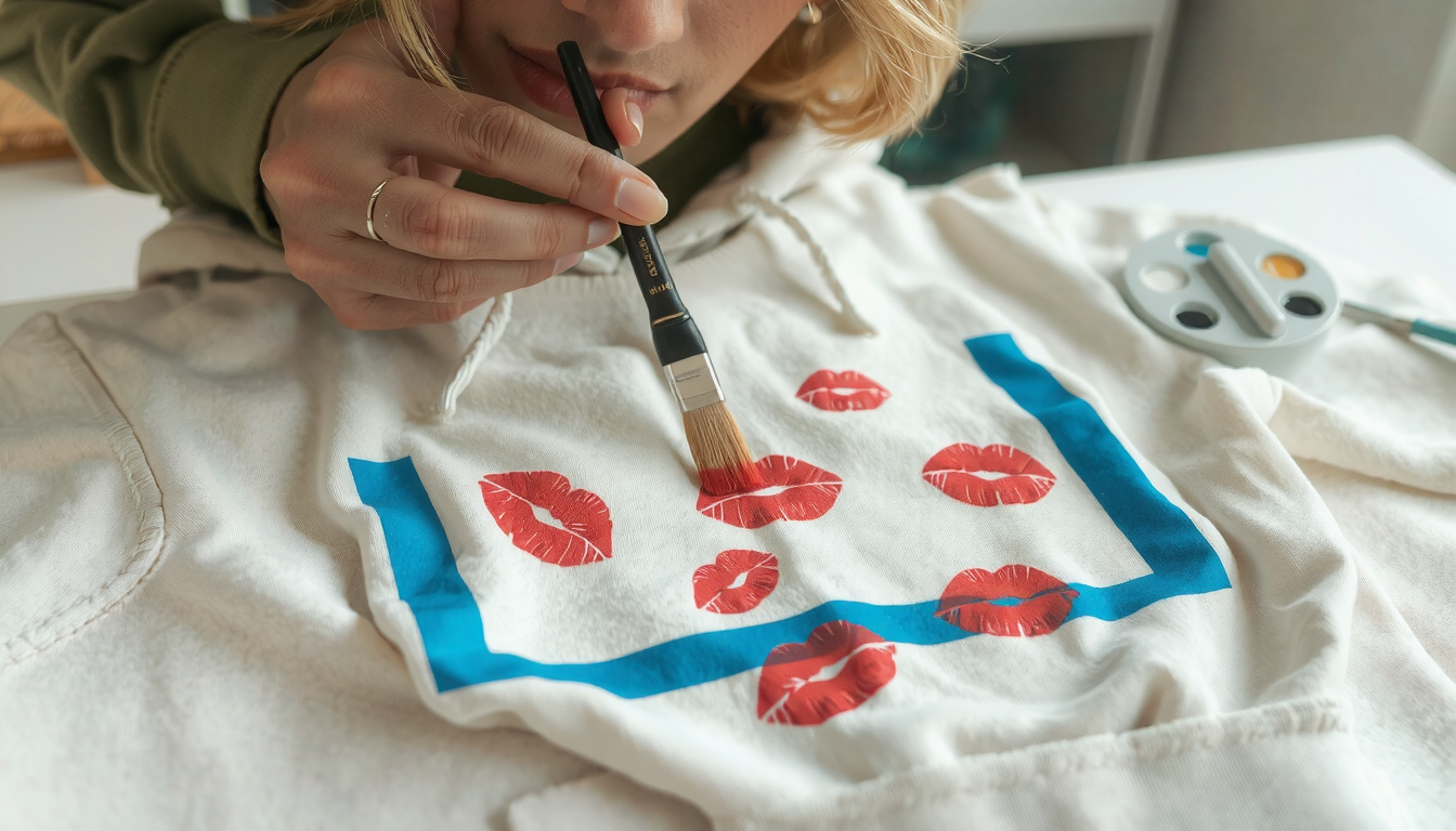 Person pressing painted lips onto hoodie fabric, demonstrating how to make a kisses hoodie technique