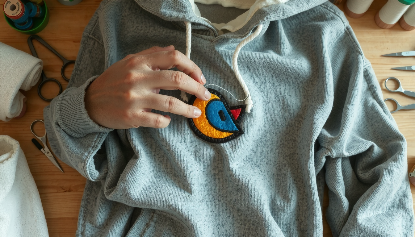 Hands sewing colorful fabric picture onto gray hoodie using needle and thread technique