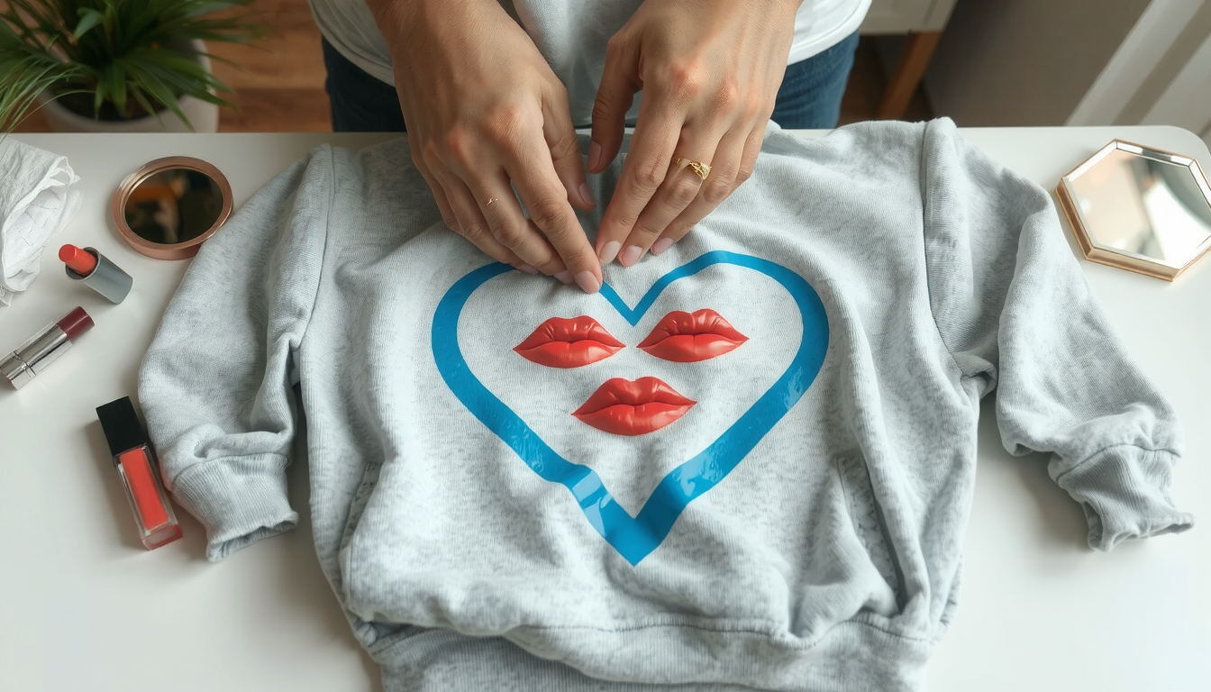 Hands stamping lipstick kisses on hoodie fabric with masking tape, how to make a kiss hoodie