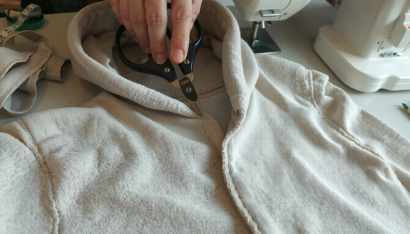 Demonstrating how to cut a hood off a hoodie along ribbed collar seam carefully