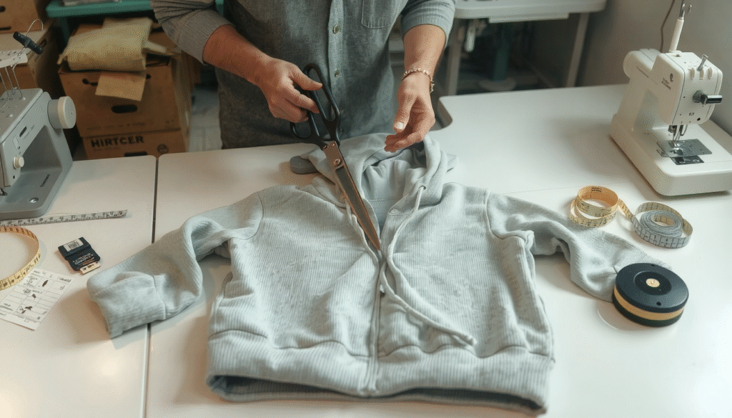 Hands cutting hoodie neckline with scissors, demonstrating how to cut the neckline of a hoodie