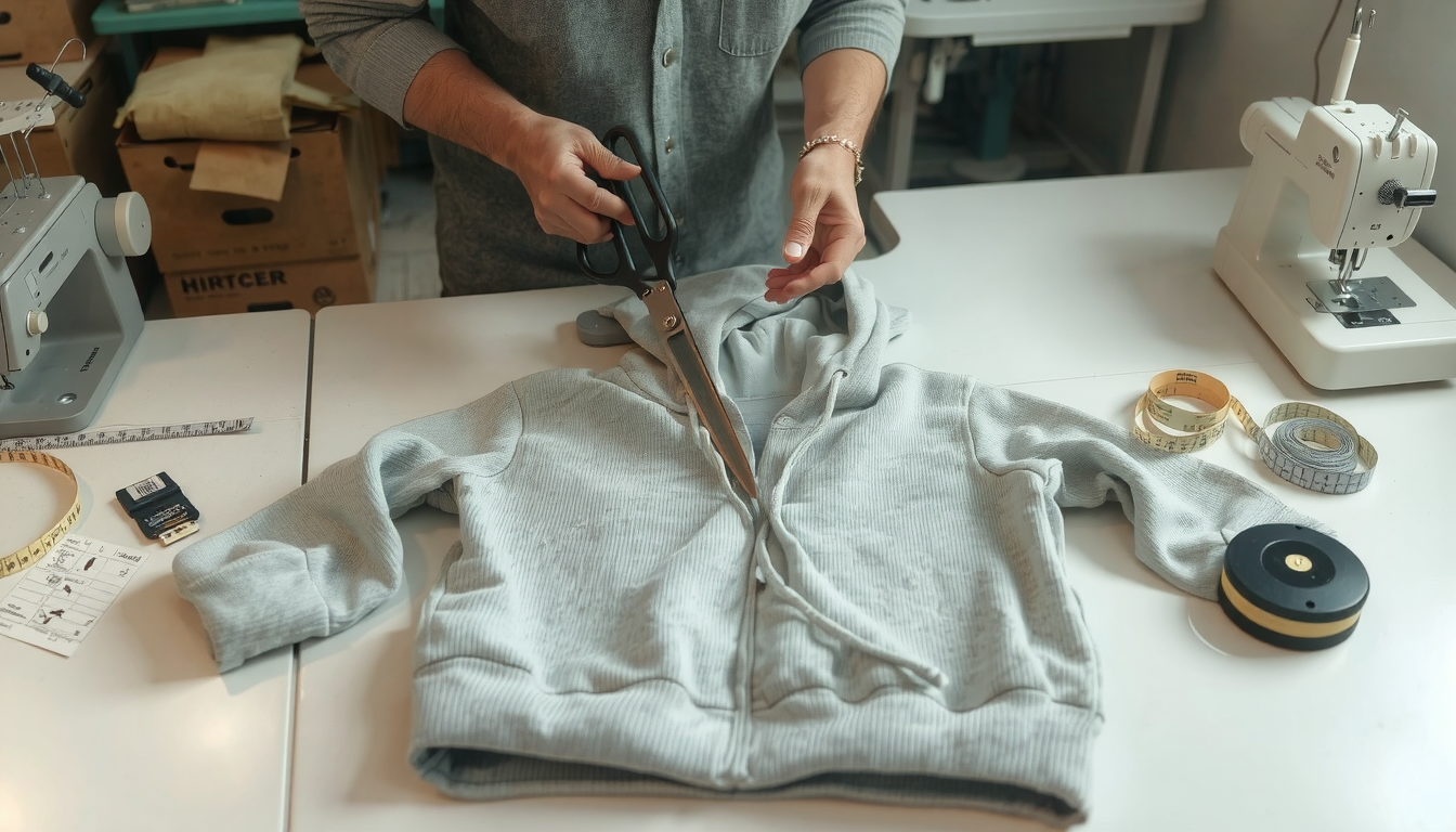 Hands cutting hoodie neckline with scissors, demonstrating how to cut the neckline of a hoodie