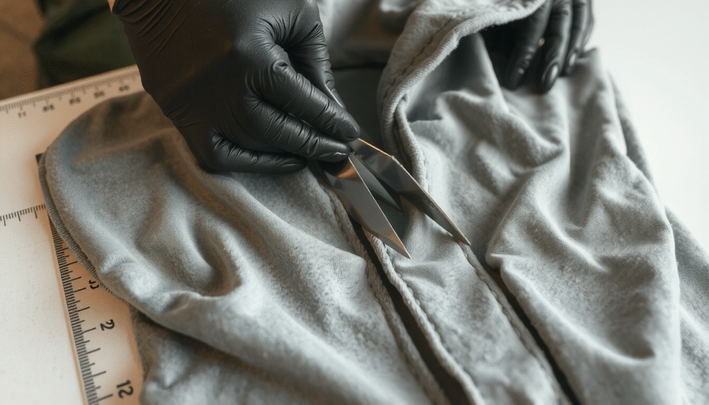 Hands trimming hoodie hood along seams, demonstrating how to cut the hood off a hoodie safely.