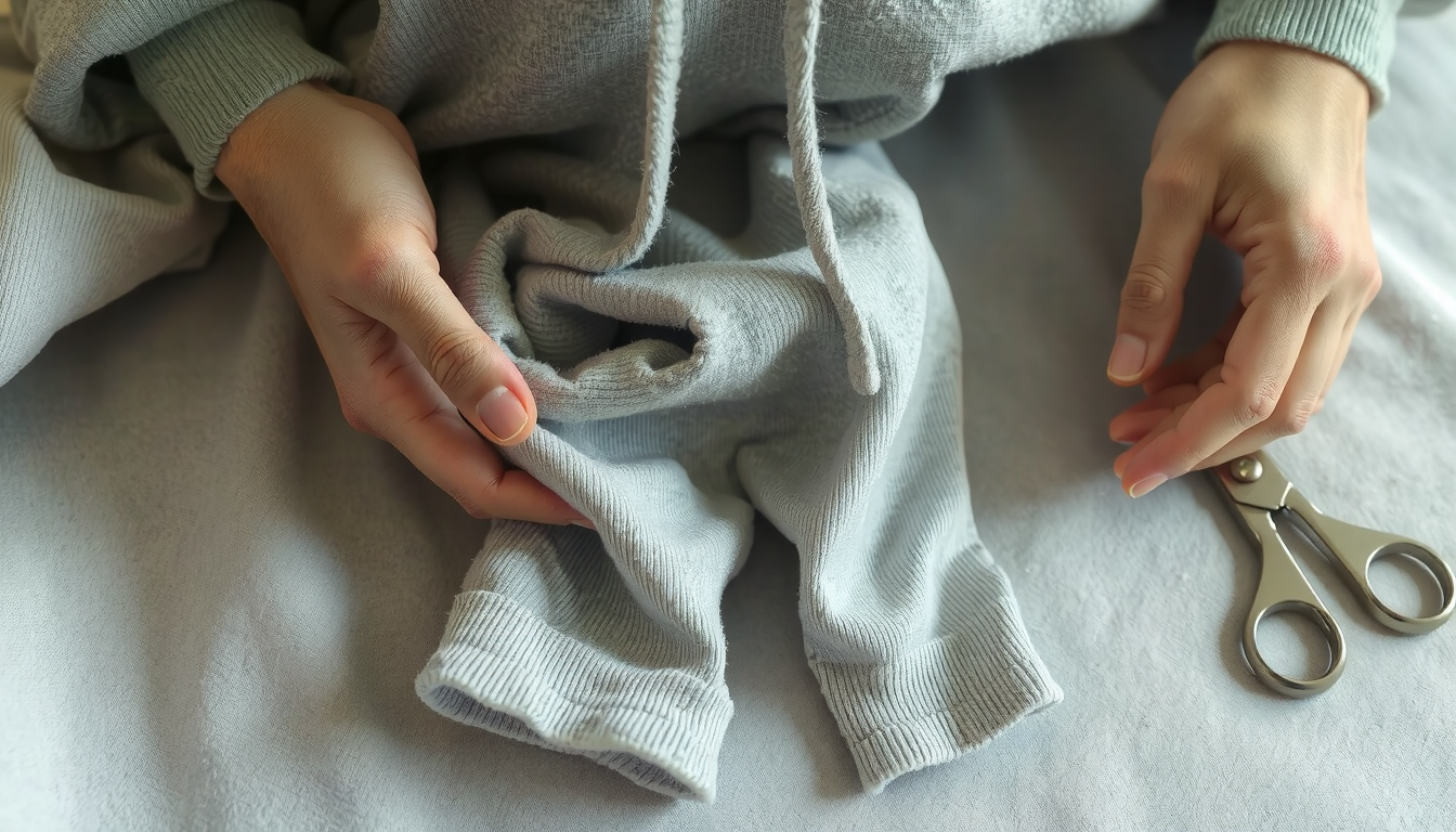 Inspecting hoodie fabric before learning how to cut the neckline of a hoodie