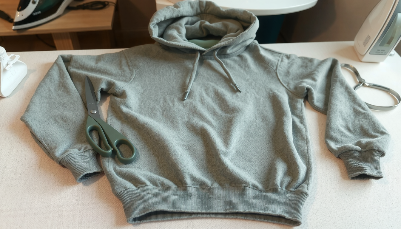 How to Cut the Hood Off a Hoodie: Expert Tips for a Clean Finish 2 Tools laid out for how to cut the hood off a hoodie: shears, chalk, pins, iron