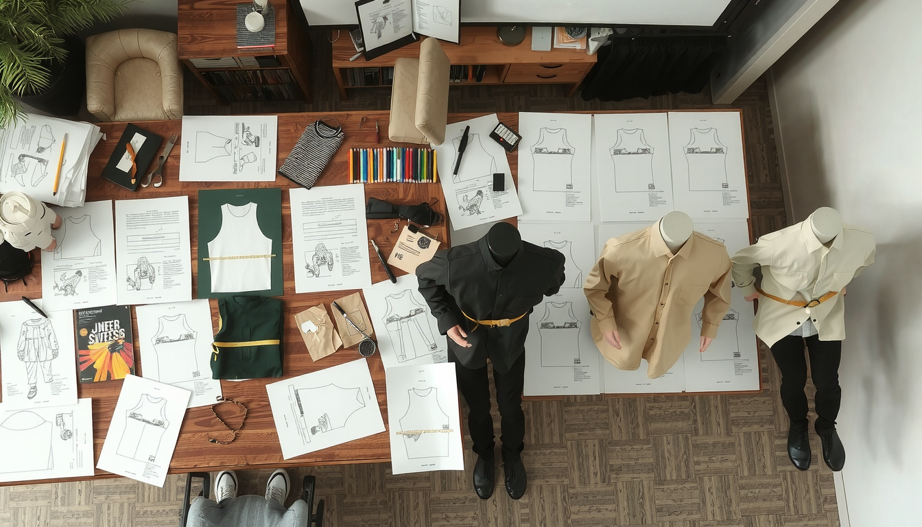 Workers reviewing streetwear prototypes and fabric samples during manufacturing pre-production phase