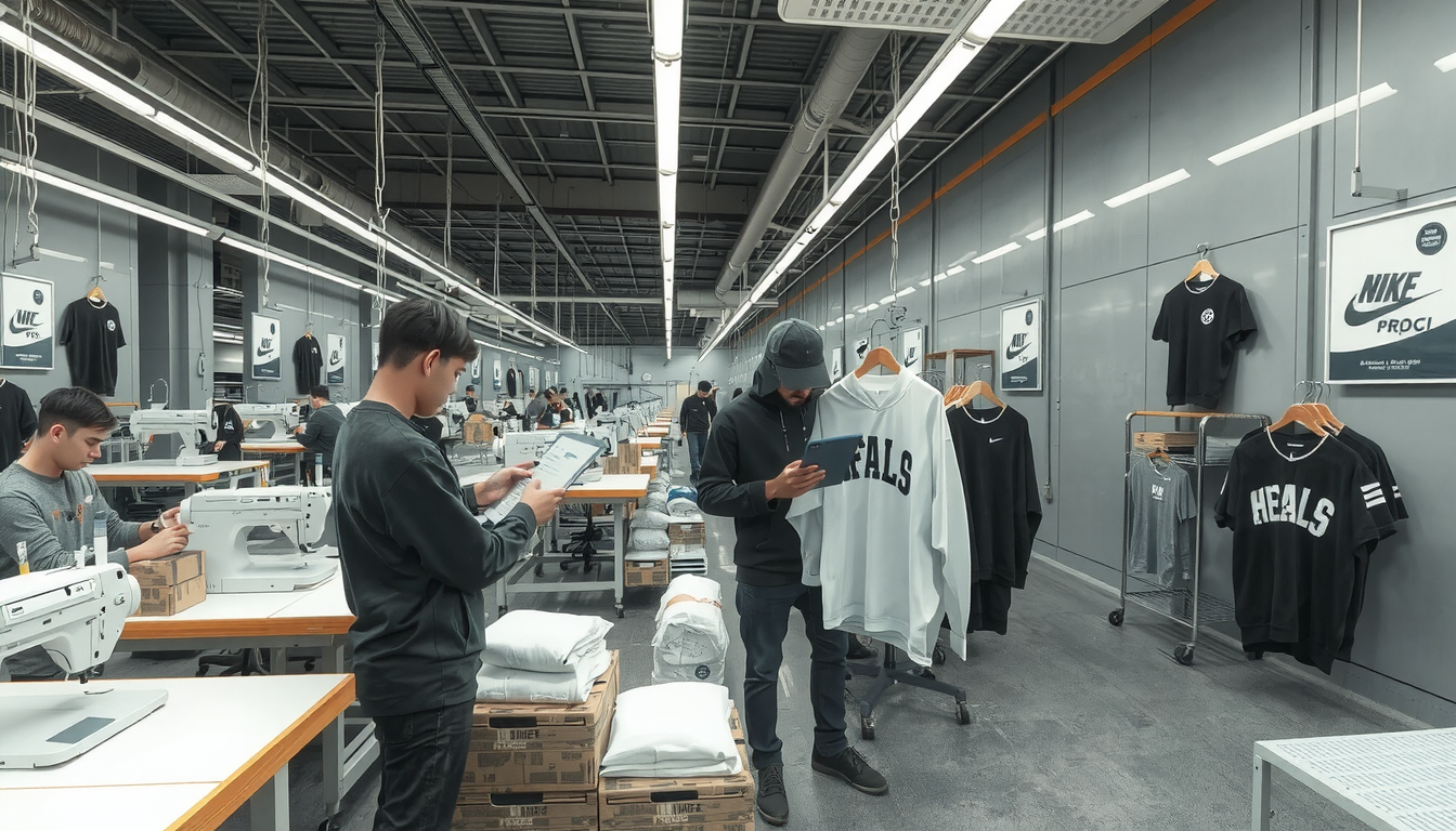 Modern streetwear manufacturing facility with workers producing urban fashion garments on industrial sewing machines