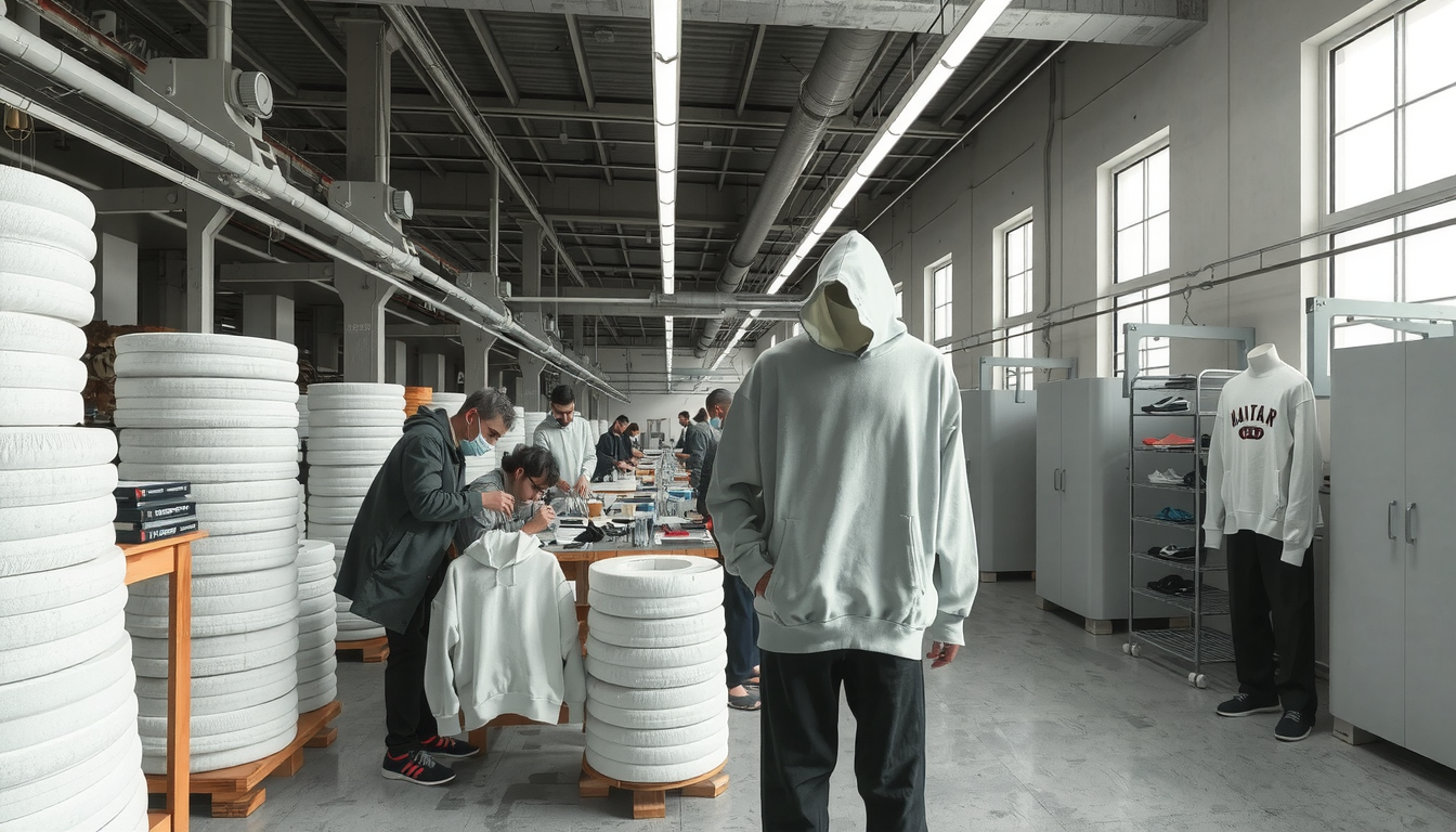 Specialized streetwear manufacturing facility producing oversized garments with heavy-weight fabrics and custom dye processes