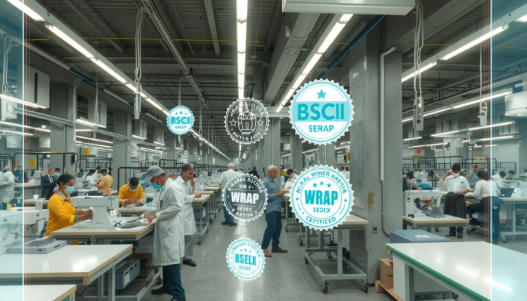 Ethical streetwear manufacturing facility showing workers in safe conditions with compliance certifications displayed